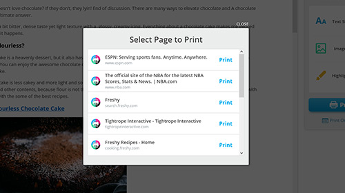 Select a page to print from open tabs